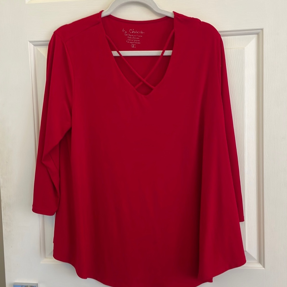 Christmas color! Chico’s blouse with criss cross detail